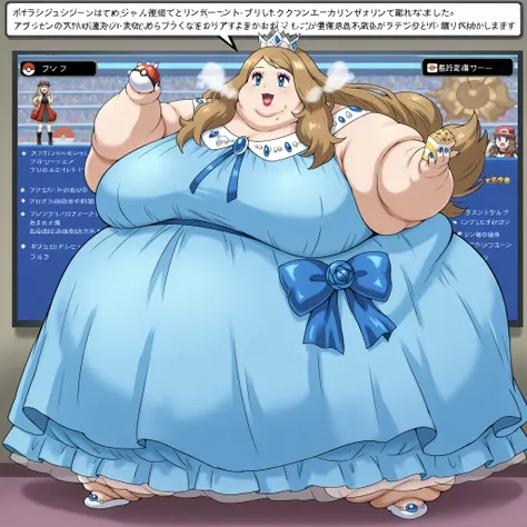 source_anime, pokemonserena, serena, long hair, blue eyes, brown hair, smile, royalty, dress, crown, makeup, lipstick, painted nails, fat, chubby, obese, fat neck, multiple chins, big breasts open mouth, out of breath, Larger female, full body shot, food c...