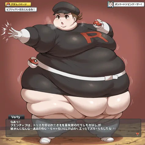 1girl, verity, very short hair, top knot, brown eyes, <lora:team-rocket-uniform-ponyxl-lora-nochekaiser:1>, team rocket uniform, black hat, black shirt, black skirt, white belt, white gloves, single letter,, fat, chubby, obese, fat neck, multiple chins, bi...
