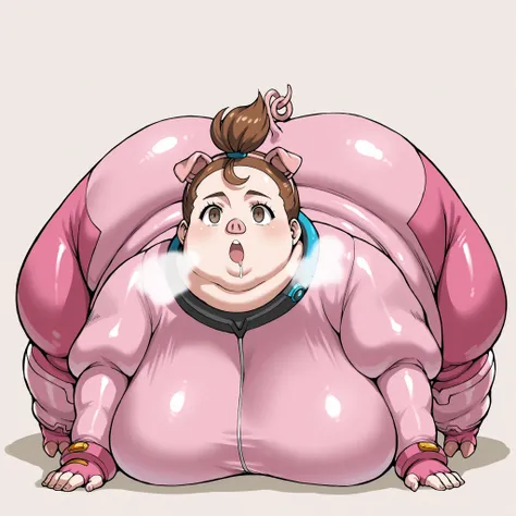1girl, verity, very short hair, top knot, brown eyes,  pink spandex, pink bodysuit, pig ears, pig nose, pig tail, pig trotters, pig feet, fat, chubby, obese, fat neck, multiple chins, big breasts open mouth, out of breath, Larger female, full body shot, wi...