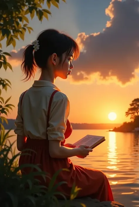 夕日の湖畔に座る女 v1.0