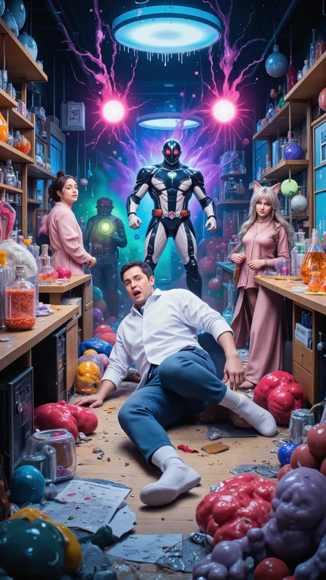 high-definition images、Chemistry Laboratory、A man in a white coat is falling down、and Ultra Seven and a cat girl are laughing on the side、