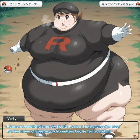 1girl, verity, very short hair, top knot, brown eyes,  team rocket uniform, black hat, black shirt, black skirt, white belt, white gloves, single letter,, fat, chubby, obese, fat neck, multiple chins, big breasts open mouth, out of breath, Larger female, f...