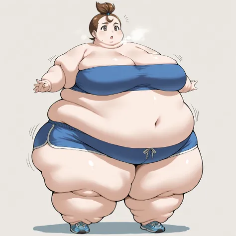 1girl, verity, very short hair, top knot, brown eyes,  tube top, dolphin shorts, fat, chubby, obese, fat neck, multiple chins, big breasts open mouth, out of breath, Larger female, full body shot, 