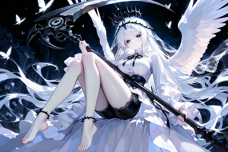 super detail, masterpiece, best quality, high resolution, 8k, ultra high anatomy, facial, only 1 girl, very long hair, white hair, black lace veil, black crown of thorns, black eyes, white diamond shaped pupil, Pale skin with matching pale Pink eyelashes, ...