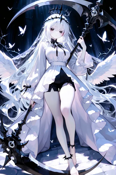 super detail, masterpiece, best quality, high resolution, 8k, ultra high anatomy, facial, only 1 girl, very long hair, white hair, black lace veil, black crown of thorns, black eyes, white diamond shaped pupil, Pale skin with matching pale Pink eyelashes, ...