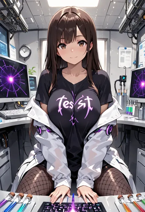 masterpiece, (detailed:1.2), HDR, Dynamic lighting, highres, hi res, best quality, masterpiece, ((Modern laboratory, computers, technical equipment, test tubes)), (solo), shiny skin, (1 girl), Sweats heavily, Dark brown hair with bangs, Brown eyes, long ha...