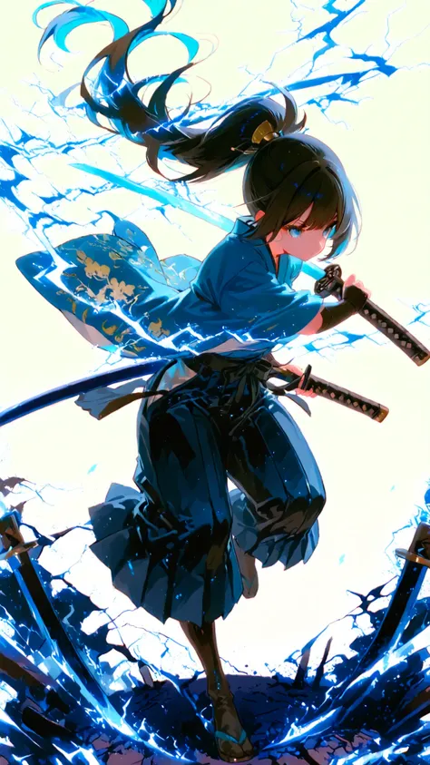 switch is compact. a woman wearing a hakama swings down a Japanese sword, while blue lightning flows along the slash of the blade、Her ponytail is swaying. white background. one calligraphy kanji character on each corner: ( top right:electricity), (Bottom r...