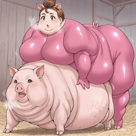 pigs, turning into a pig, verity, very short hair, top knot, brown eyes,  pink spandex, pink bodysuit, pig ears, pig nose, pig tail, pig trotters, pig feet, fat, chubby, obese, fat neck, multiple chins, big breasts open mouth, out of breath, Larger female,...
