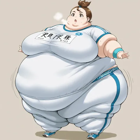 1girl, verity, very short hair, top knot, brown eyes,  training shirt, training pants with Elastic Waistband, fat, chubby, obese, fat neck, multiple chins, big breasts open mouth, out of breath, Larger female, full body shot, 