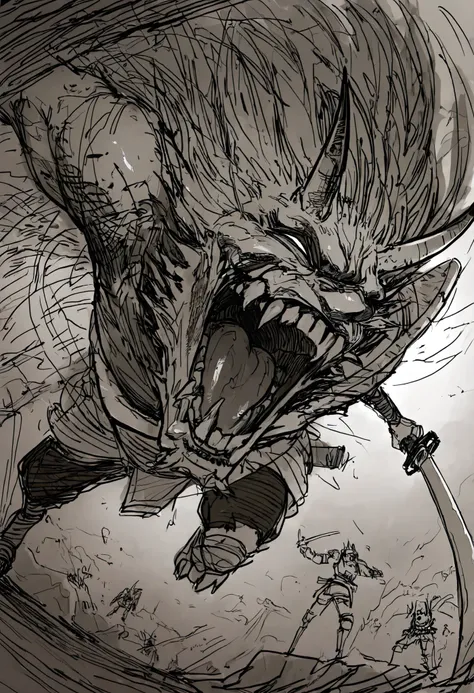 Game monster, sketch, concept art, Twisted human face with a wide mouth and oni teeth, Oni, kimono and feudal battle armor, Katana , long thin body, on plain white canvas, rough, thin lines, 2d, concepts art, Masterpiece, incredible quality, perspective, d...