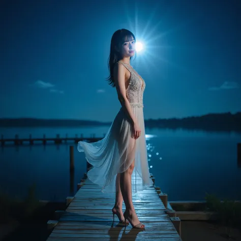 The pier on the side Super beautiful Japanese top idol standing、She is illuminated by a movie light、mysterious lighting where moonlight and spotlights intersect、effects that accentuate the silhouette、BODY CONSCIOUS STAGE DRESS THAT SHOWS YOUR BODY LINE BEA...