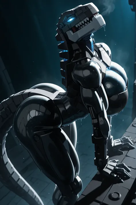 l3g0, masterpiece, best quality, amazing quality, very aesthetic, high resolution, highly detailed, high quality, krekkov style, score_9, score_8_up, score_7_up , solo, muscular, roodaka, bionicle, anthro, dinosaur, lidded eyes, annoyed, glowing eyes, sedu...