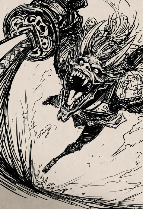 Game monster, sketch, concept art, Twisted human face with a wide mouth and oni teeth, Oni, kimono and feudal battle armor, Katana , long thin body, on plain white canvas, rough, thin lines, 2d, concepts art, Masterpiece, incredible quality, perspective, d...