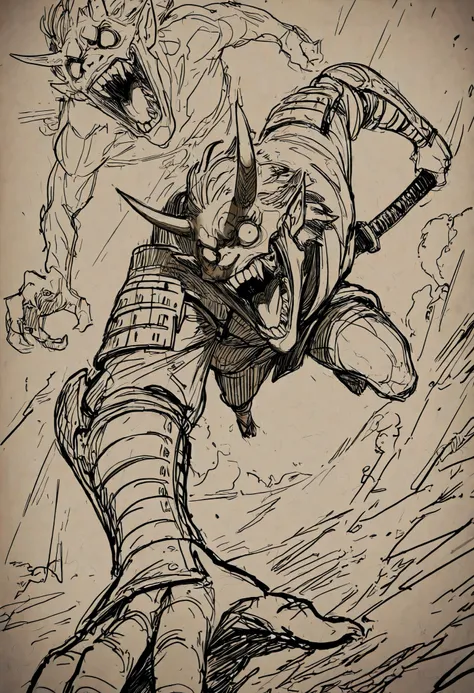 Game monster, sketch, concept art, Twisted human face with a wide mouth and oni teeth, Oni, kimono and feudal battle armor, Katana , long thin body, on plain white canvas, rough, thin lines, 2d, concepts art, Masterpiece, incredible quality, perspective, d...