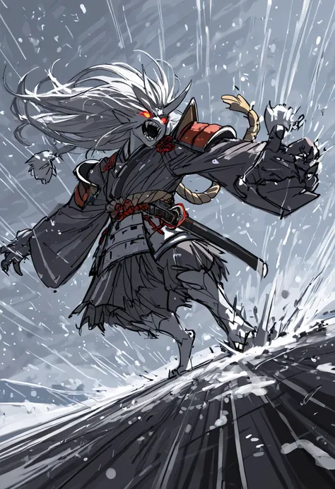 Game monster, sketch, concept art, Twisted human face with a wide mouth and oni teeth, Floating hair, black sclerosis, Oni, kimono and feudal battle armor, Shoulder pad, Katana , long thin body, Skin white as snow, standing , shimenawa knot, on plain whit...