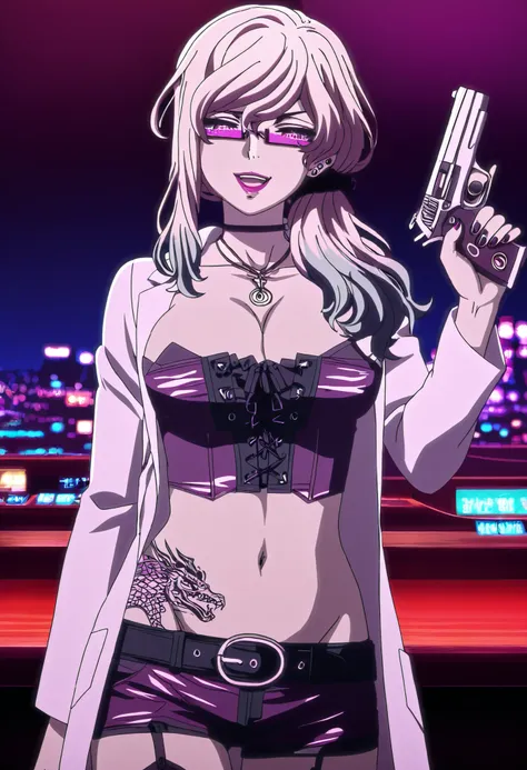 Akudama Drive（doctor）slender、nail polish, ear piercing, long hair, , lipstick, Hot girl, baddie,, sensual, attractive ,choker , cross necklace, thighhighs, shorts, belt, labcoat, cleavage, jewelry, necklace, nail polish, corset,bar background, inside bar, ...