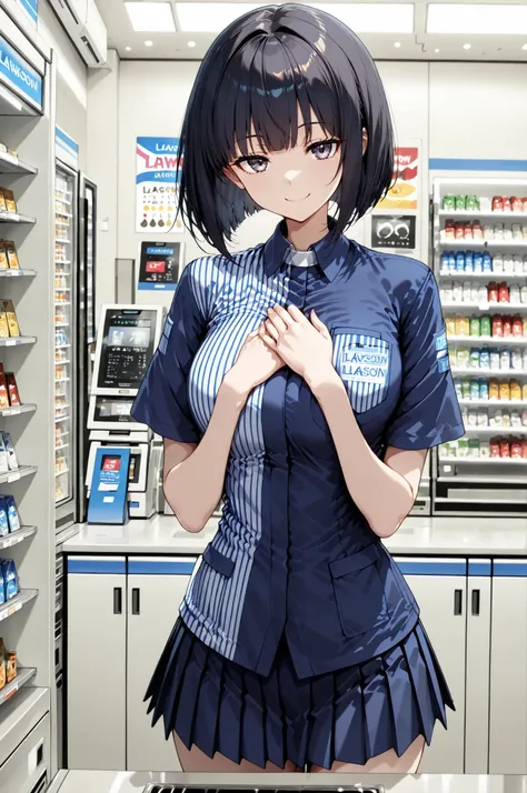 1 Girl, Lawson's uniform, mini skirt, Bob Hair, dark haired, jitome, Convenience Store:1.2, over the counter:1.4, registers, solo, ((Smile Yan)), 4 fingers:1.2, Hands in front of chest, In front of the display shelf, Pay attention to light and shadow i...