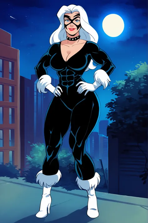 PonyXLV6_Scores BREAK (parody, retro artstyle, perfect anatomy, perfect eyes, absurd resolution), zPDXL2, BREAK  felicia hardy, long hair, whitee hair, blue eyes, flirting, raised eyebrow, looking at viewer, full body view, front view, lipstick, makeup, la...