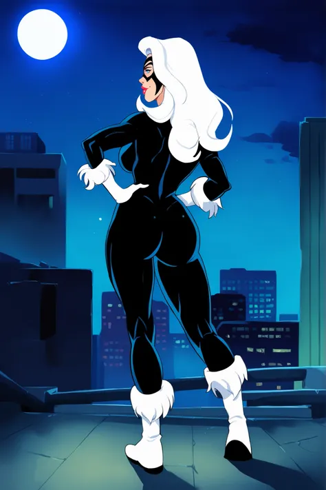 PonyXLV6_Scores BREAK (parody, retro artstyle, perfect anatomy, perfect eyes, absurd resolution), zPDXL2, BREAK  felicia hardy, long hair, whitee hair, blue eyes, flirting, raised eyebrow, looking at viewer from behind, full body view, back view, lipstick,...