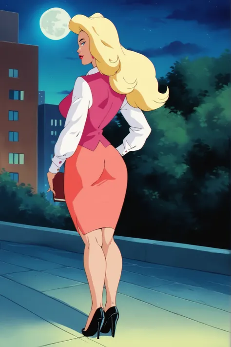 PonyXLV6_Scores BREAK (parody, retro artstyle, perfect anatomy, perfect eyes, absurd resolution,), zPDXL2, BREAK  felicia hardy, long hair, blonde hair, blue eyes, flirting, raised eyebrow, ((looking at viewer from behind, full body view, back view)), lips...