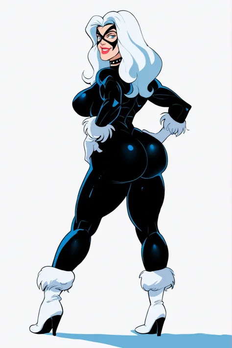 PonyXLV6_Scores BREAK (parody, retro artstyle, perfect anatomy, perfect eyes, absurd resolution), zPDXL2, BREAK  felicia hardy, long hair, whitee hair, blue eyes, flirting, raised eyebrow, looking at viewer from behind, full body view, back view, lipstick,...