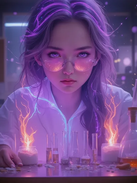 (a masterpiece:1.3), (photorealism:1.3), (detailed art:1.4), a young female scientist in a white lab coat and protective glasses froze at the moment of disaster in a modern scientific laboratory, surrounded by a sparkling lilac cloud of energy, her body be...