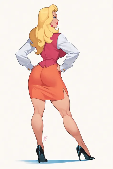 PonyXLV6_Scores BREAK (parody, retro artstyle, perfect anatomy, perfect eyes, absurd resolution,), zPDXL2, BREAK  felicia hardy, long hair, blonde hair, blue eyes, flirting, raised eyebrow, ((looking at viewer from behind, full body view, back view)), lips...