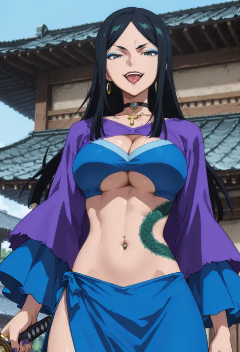 m1n1eb,1girl,solo,black hair,long hair,,blue eyeshadow,dark green eyes,lipstick,
nail polish , , makeup , ear piercing , long hair , lipstick , Hot girl , baddie , smoking , sensual , attractive , choker , cross necklace , tongue piercing ,tongue out, open...