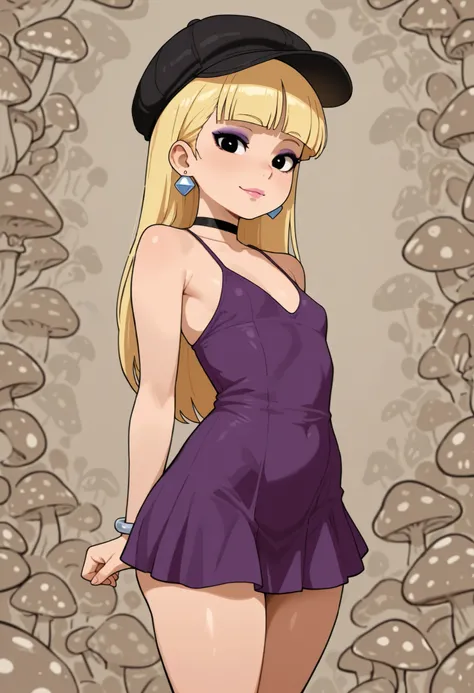Pacifica Northwest,black eyes, pink lips, flat breasts, flat chest, skinny, huge hips, long hair, blonde hair, choker,| masterpiece, best quality, amazing quality, 1girl, solo, Posing as if hugging a friend looking at viewer, light smile, mushrooms backgro...