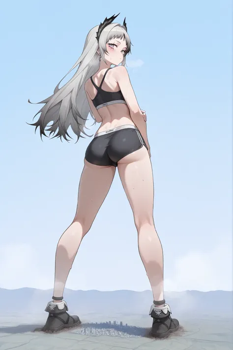 irene_\(arknights\) , grey eyes,grey hair,head wings ,scar across eye , long hair,black sportsbra, black suportspants, sweat, giantess, microcity, Scattered City, standing, Steam, looking back, looking here, back, butt, Blue Sky,fullbody,