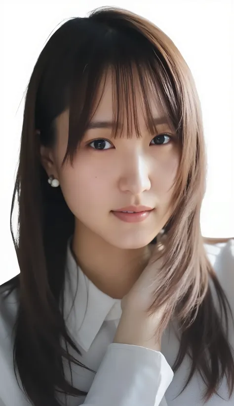 Neat Young Woman、looking at the camera、office lady suit、jacket、shirt、Ear piercings、前髪あり、薄い茶髪、無表情、口を閉じている、face close-up、The background is office
