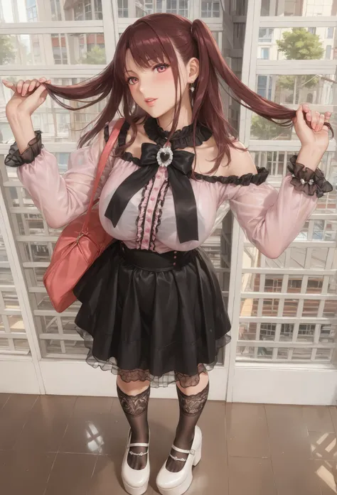 ((inspired by )),((inspired by Animation Style:1.5)),(masterpiece, best quality),beautiful, beautiful-woman, ((detailed face)).(full body:1.3).,
,
,
((The woman is wearing jirai-kei fashion)),pink frilled shirt with short puff sleeves, black neck ribbo...