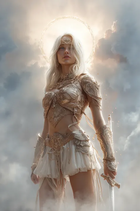 A 33 year old young woman with white blond hair. Standing up, bold like a warrior. Looking at me in love, slight small smile. Glowing heavenly aura around her. Glowing iris in eyes. Looking at me. Full body, breathtaking beautiful body. Like a warrior godd...