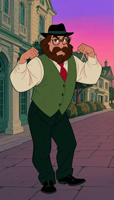  (masterpiece, vibrant colors), disney animation, solo, 1guy, brown hair, large mustache, messy hair,  brown eyes, strong build,  black fedora, glasses, green woolen vest, red necktie, (smiling, confident, proud) ,posing on street corner, 1920s style cloth...