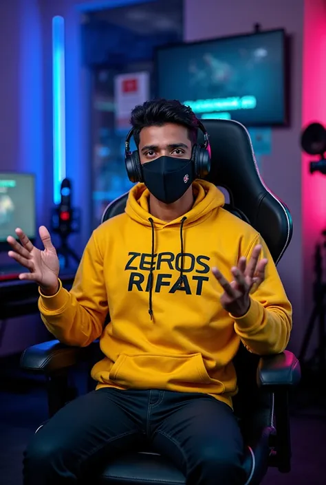 An Indian/Bangladeshi man sitting confidently on a modern gaming chair in his YouTube studio. He is wearing a bright yellow hoodie with "ZEROS RIFAT" boldly printed on it. His face is clearly visible and expressive despite wearing a sleek black covID-19 ma...