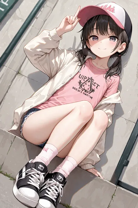 masterpiece,perfect anatomy,beautiful fingers,high resolution, ultra-detailed,beautiful detailed eyes,dutch angle,absurdres,1girl,solo,loli,flat chest, black hair,low twintails,baseball cap,white jacket,open jacket,pink t-shirt,short shorts,socks,sneakers,...