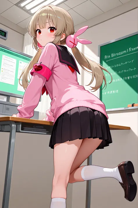 natori sana,in science room, 1girl, virtual youtuber, red eyes, light brown hair, long hair,twintails, low twintails, hair ornament, pink cardigan, black sailor collar, red neckerchief, pleated skirt, black skirt, armband, long sleeves, white socks, loafer...