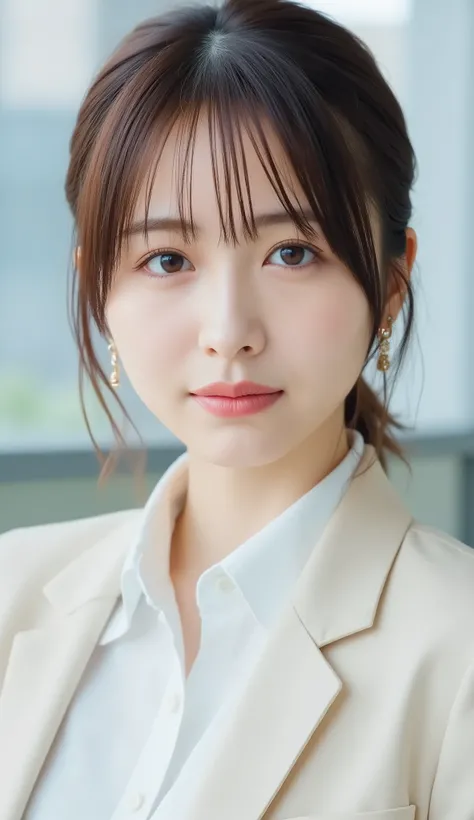 Neat Young Woman、and look at the camera、office lady suit、jacket、shirt、necklace、、ear piercing、、No expression、has closed its mouth、The background is office