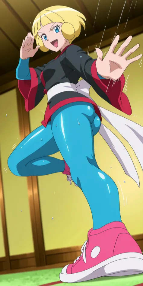 score_9, score_8_up, score_7_up, score_6_up, score_5_up, 
gretapkmn, blonde hair, short hair, blunt bangs, eyelashes, blue bodysuit, skin tight, blue eyes, black and red kimono, long kimono, japanese clothes, pink sneakers, white sash, 
, 1girl, solo, shin...