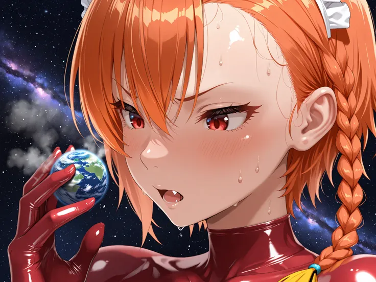 (masterpiece, Highest quality, Ultra-high resolution), 1girl, Mikamo Neru, maid headdress, orange hair, red eyes, fang, yaeba, (red latex bodysuit), Glossiness, shiny, sweat, steamy, Sweat, Stuffy, steamy, Glossiness, shiny, glossy skin , shiny skin , gl...