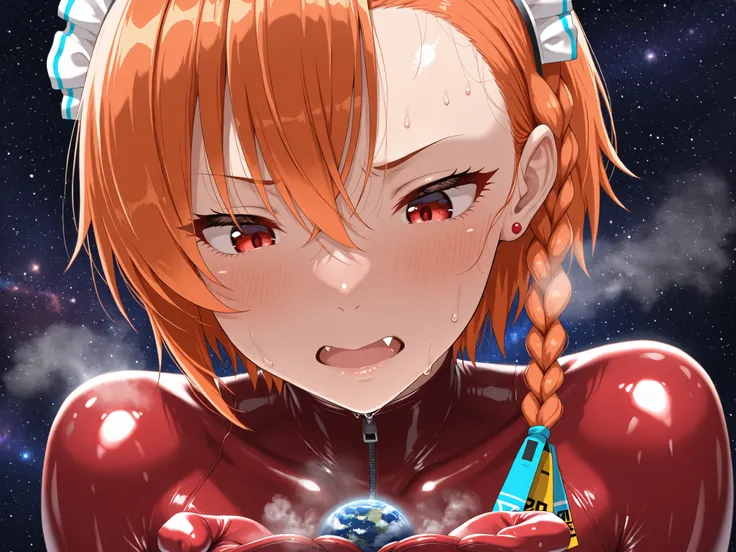(masterpiece, Highest quality, Ultra-high resolution), 1girl, Mikamo Neru, maid headdress, orange hair, red eyes, fang, yaeba, (red latex bodysuit), Glossiness, shiny, sweat, steamy, Sweat, Stuffy, steamy, Glossiness, shiny, glossy skin , shiny skin , gl...