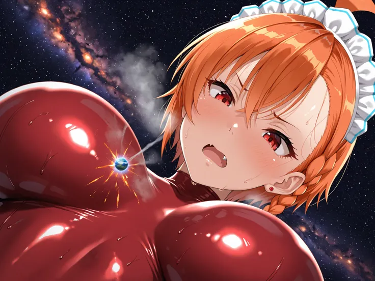 (masterpiece, Highest quality, Ultra-high resolution), 1girl, Mikamo Neru, maid headdress, orange hair, red eyes, fang, yaeba, (red latex bodysuit), Glossiness, shiny, sweat, steamy, Sweat, Stuffy, steamy, Glossiness, shiny, glossy skin , shiny skin , gl...