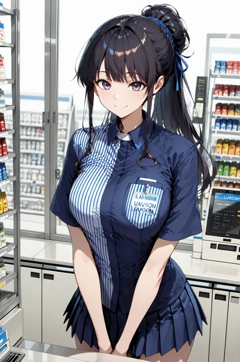 1 Girl, Lawson's uniform, mini skirt, Long hair tied at the back, dark haired, Convenience Store:1.2, over the counter:1.4, registers, solo, ((Smile Yan)), 4 fingers:1.2, Hands in front of the body, In front of the display shelf, Pay attention to light...