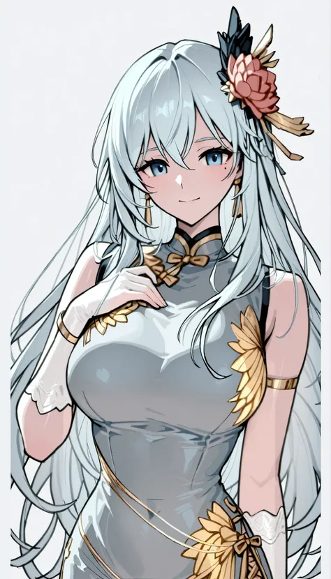 UHD, anatomically correct, textured skin, high details, best quality, highres,Left arm bracelet、Right Wrist Bracelet、Pure White Sleeveless China Dress、anime girl with white soles、Braids、Anime Goddess、gray hairの女性、gray hair、Kaiji Jinyao、Kekin、Full Body Mori...