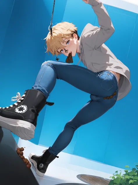 Hollister Jeans, 1 boy、show your butt、on all fours、Looking Back、He wears black half-knee high converse-boots sneakers xhi:1.9, grey Vans hoodie, pair of light blue skin tight leggings-jeans, fitting like second skin, volume in your crotch, small bulge unde...