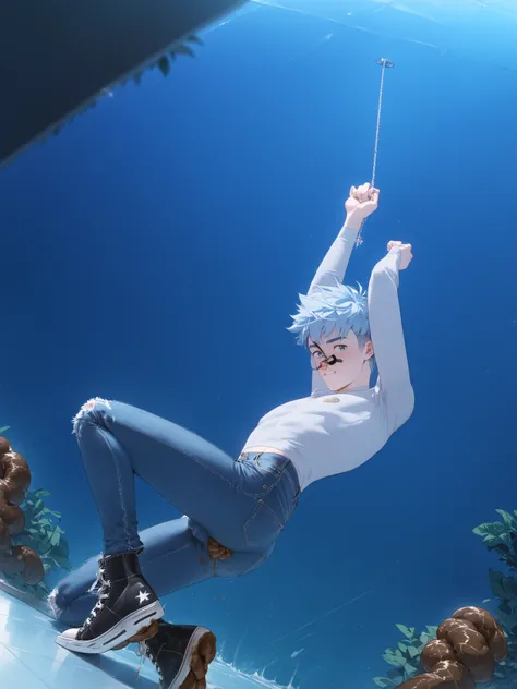 Hollister Jeans, 1 boy、show your butt、on all fours、Looking Back、He wears black half-knee high converse-boots sneakers xhi:1.9, grey Vans hoodie, pair of light blue skin tight leggings-jeans, fitting like second skin, volume in your crotch, small bulge unde...