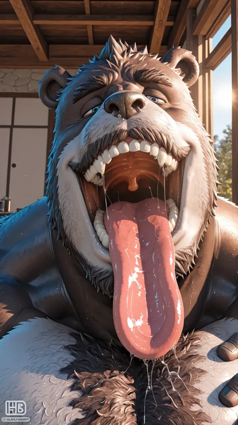 hairy, panda bear, has horns，chubby,  thick arms ， strong muscles ，chubby face， Black eyebrows，sky blue eyes，beard， ironic smile ,    chest and belly   ,  ，lie down， Sunlight ,    opens its big mouth and sticks out its thick and wide tongue close to a man'...