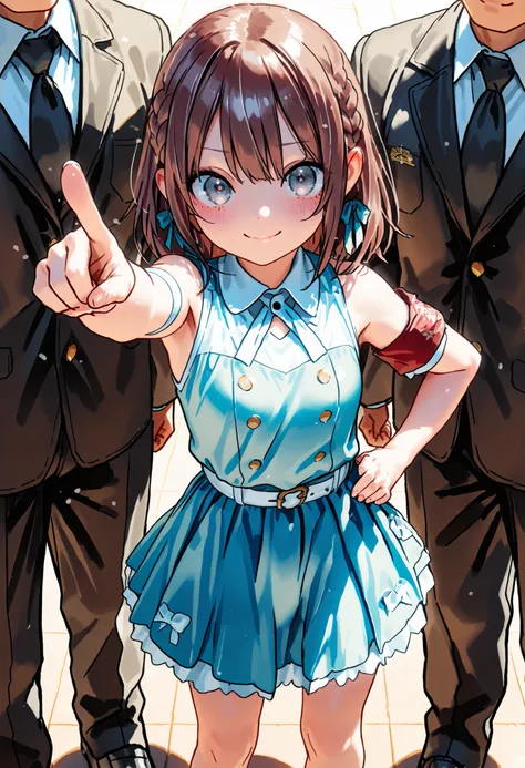 Little Girl with High Pressure Discipline Chairman，((from ↑:1.2)),(((Chairman of the Discipline Committee's armband)))，About 150 centimeters,charismatic presence, Tall Boys Surrounding Her Surrounding Her Surrounding Area,Pointing and Instructing,4K High R...