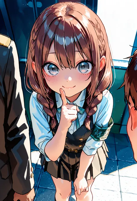 Little Girl with High Pressure Discipline Chairman，((from ↑:1.2)),(((Chairman of the Discipline Committee's armband)))，About 150 centimeters,charismatic presence, Tall Boys Surrounding Her Surrounding Her Surrounding Area,Pointing and Instructing,4K High R...