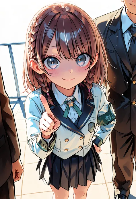 Little Girl with High Pressure Discipline Chairman，((from ↑:1.2)),(((Chairman of the Discipline Committee's armband)))，About 150 centimeters,charismatic presence, Tall Boys Surrounding Her Surrounding Her Surrounding Area,Pointing and Instructing,4K High R...